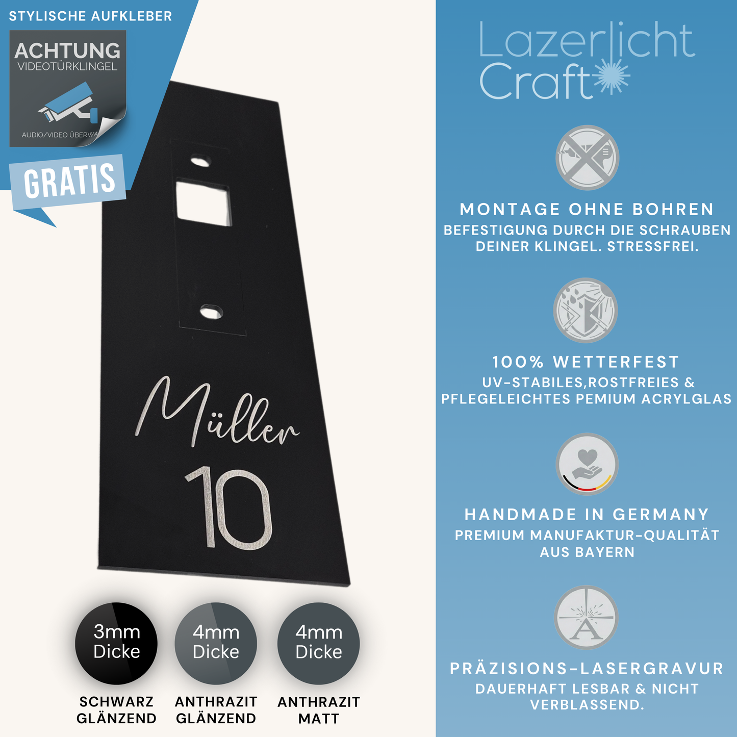 Klingelschild für Eufy Video Doorbell 2K HD (kabellos/akkubetrieben)