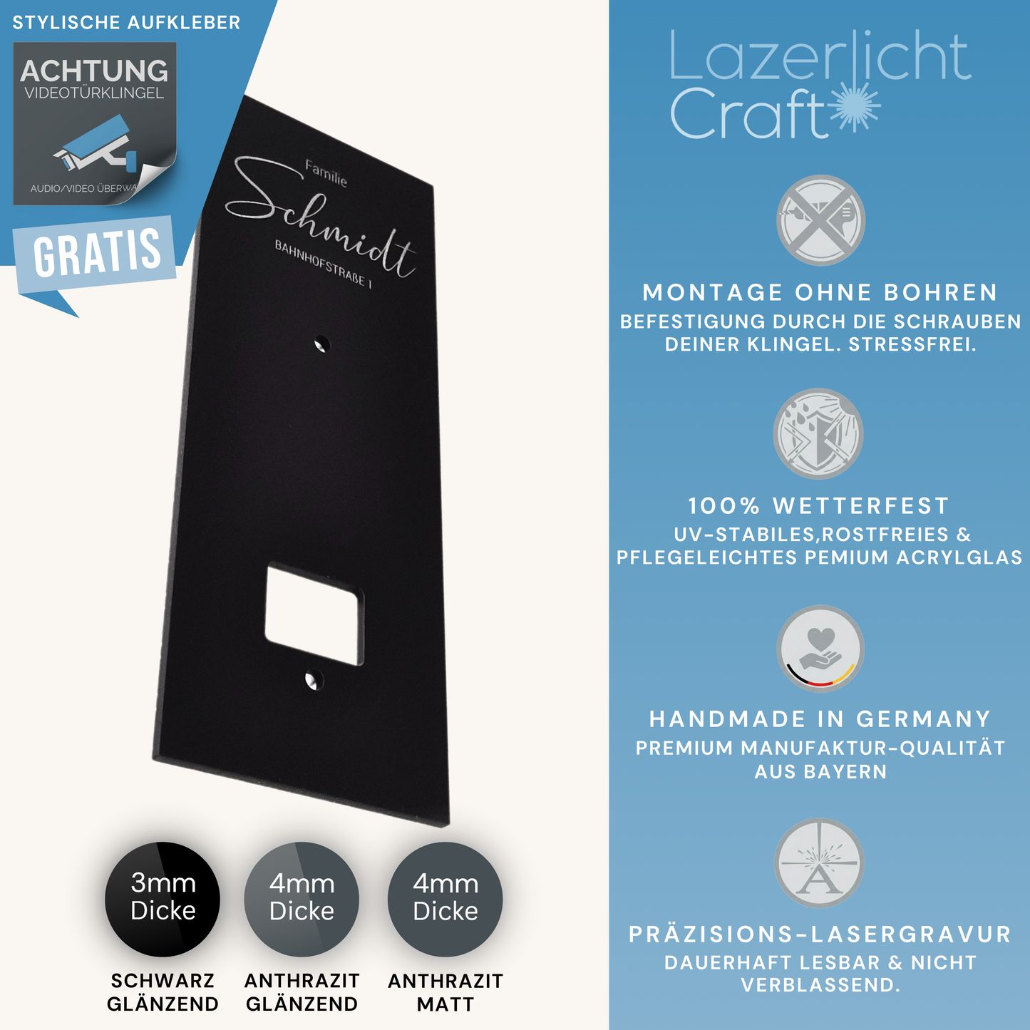 Klingelschild für Tapo D230S1 – Anthrazit matt und Schwarz glänzend Acrylglas